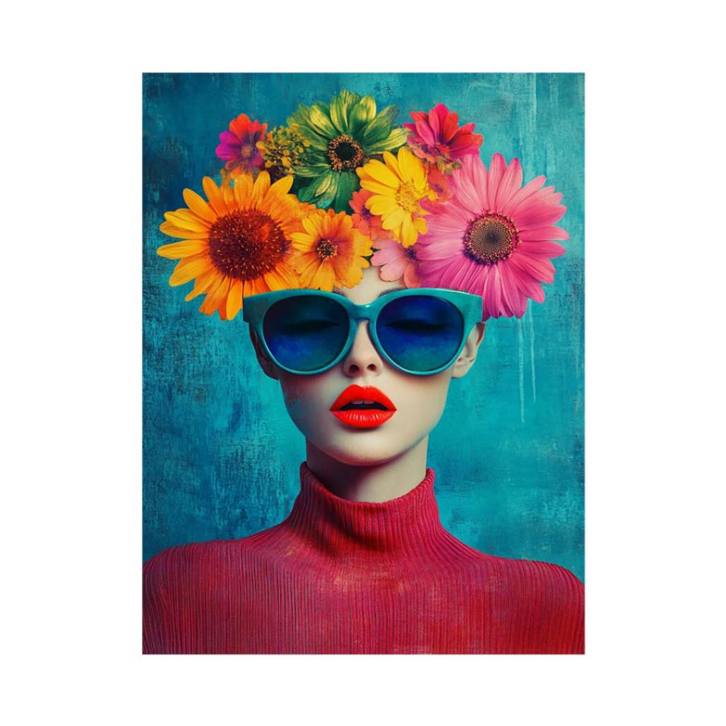 Colorful floral fashion portrait with sunglasses for modern bedroom decor