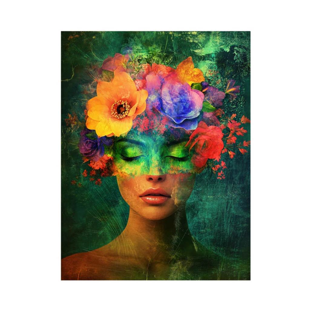 Surreal floral portrait artwork with vibrant blooms for luxury interior decor