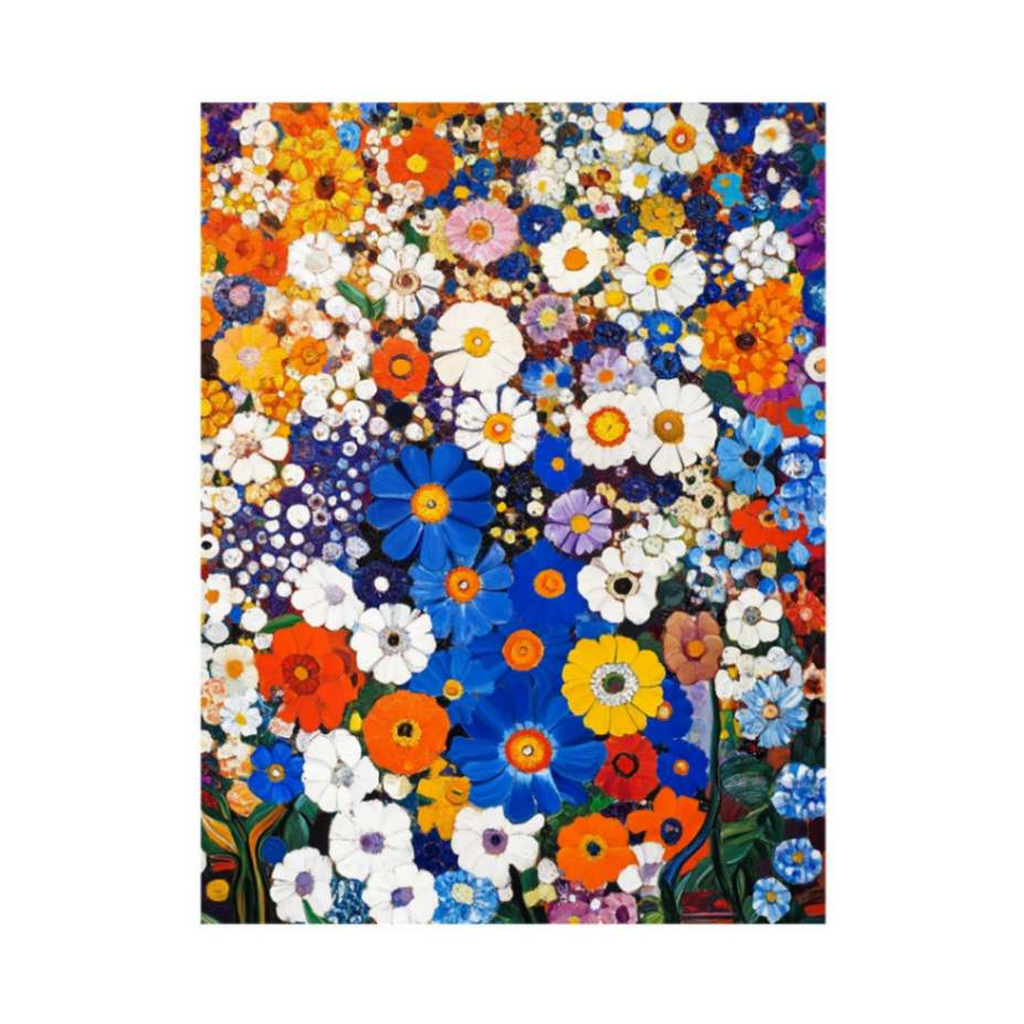 Bold colourful floral canvas art with blue daisies and white blossoms for modern home decor.