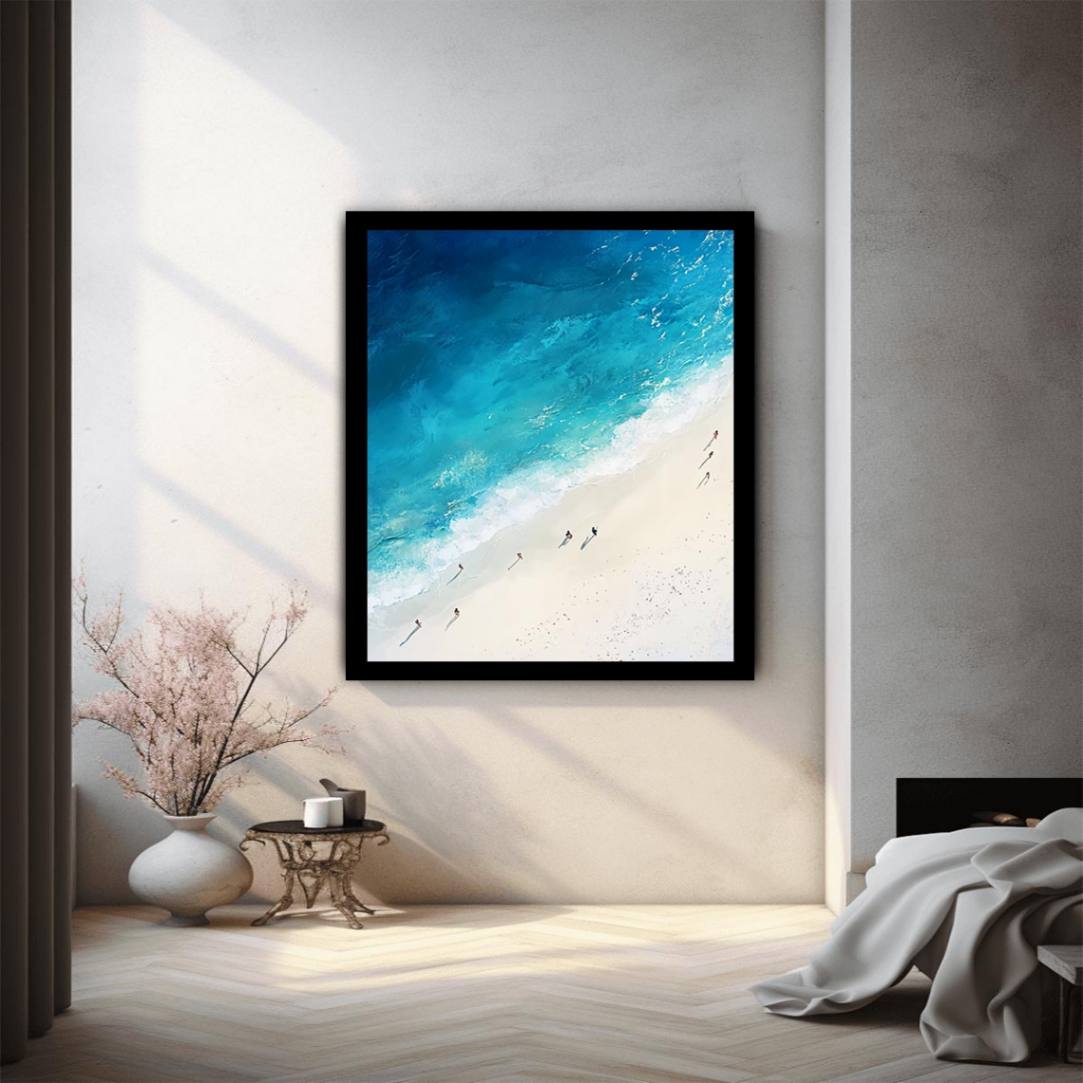 Aerial beach canvas art with turquoise ocean and white sand for coastal living room decor.