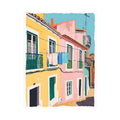 Colourful Mediterranean street canvas art with pastel buildings for kitchen or hallway decor.