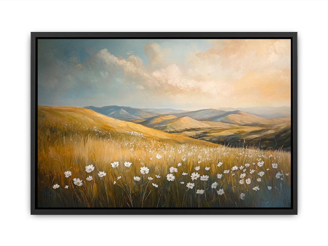 Golden meadow landscape canvas art with white wildflowers for calm bedroom decor.