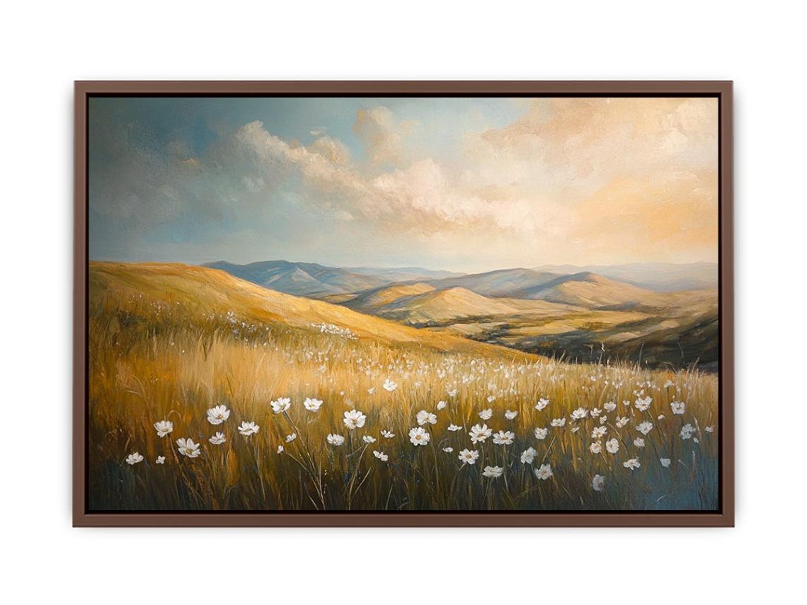 Golden meadow landscape canvas art with white wildflowers for calm bedroom decor.