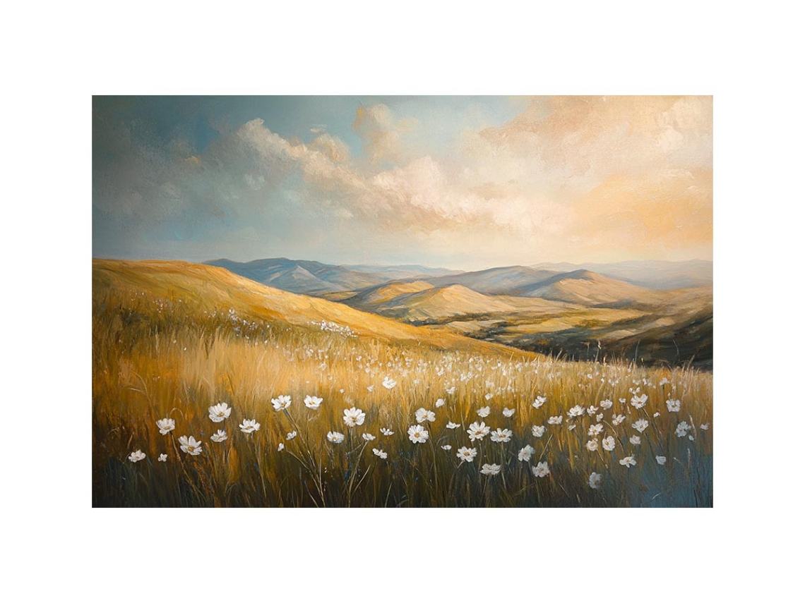 Golden meadow landscape canvas art with white wildflowers for calm bedroom decor.