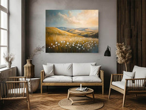 Golden meadow landscape canvas art with white wildflowers for calm bedroom decor.