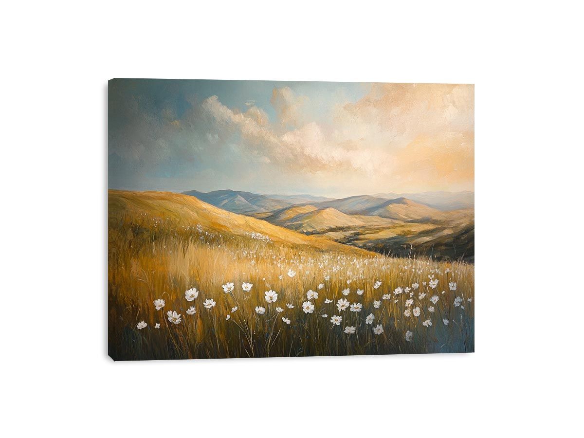 Golden meadow landscape canvas art with white wildflowers for calm bedroom decor.