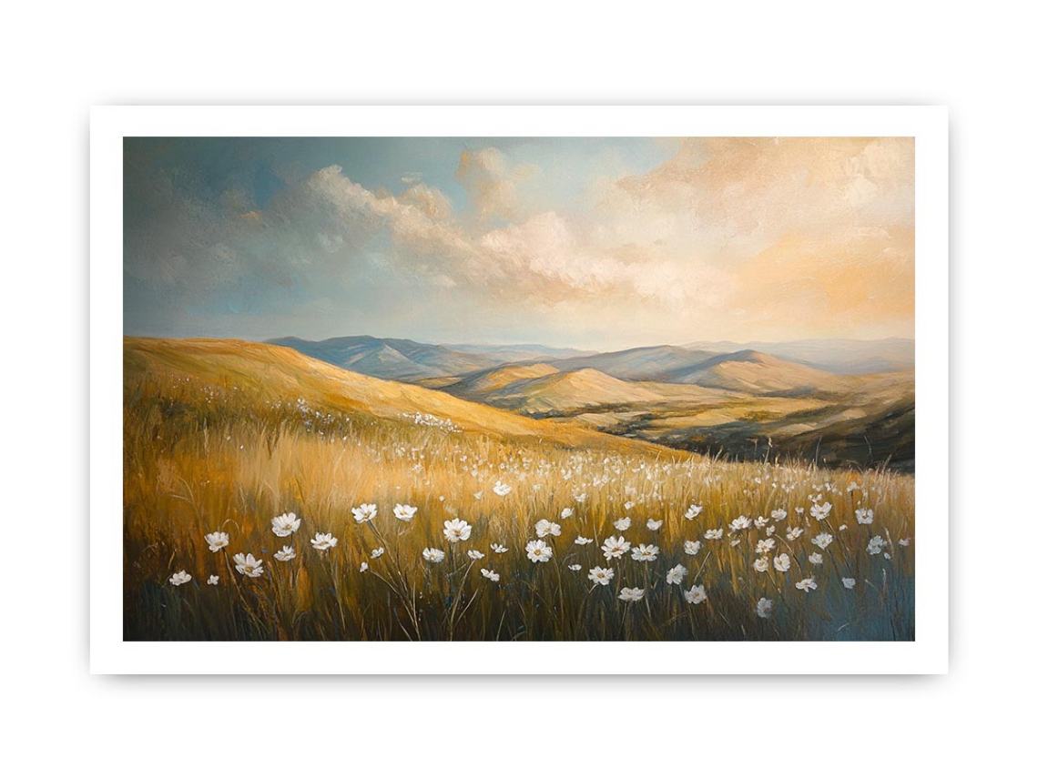 Golden meadow landscape canvas art with white wildflowers for calm bedroom decor.