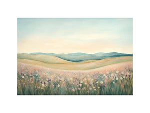Pastel wildflower valley canvas art with rolling hills for soft bedroom decor.