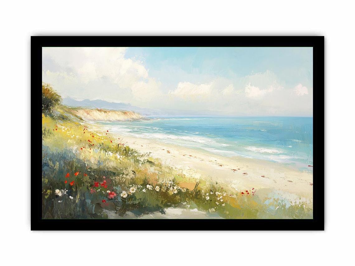 Coastal beach canvas art with ocean waves and wildflowers for airy living room decor.