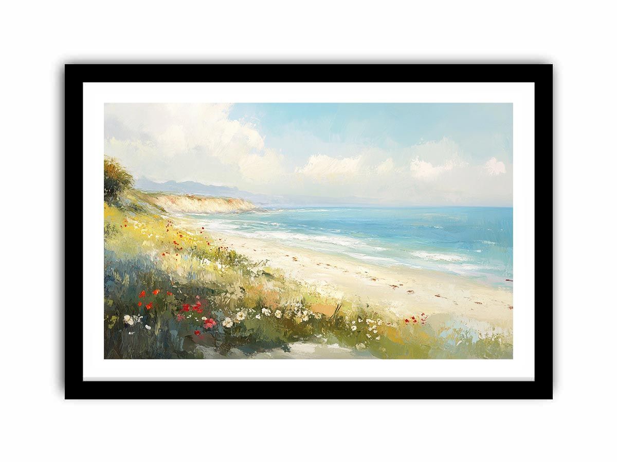 Coastal beach canvas art with ocean waves and wildflowers for airy living room decor.