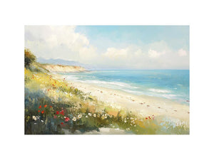 Coastal beach canvas art with ocean waves and wildflowers for airy living room decor.