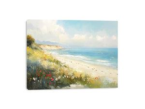 Coastal beach canvas art with ocean waves and wildflowers for airy living room decor.