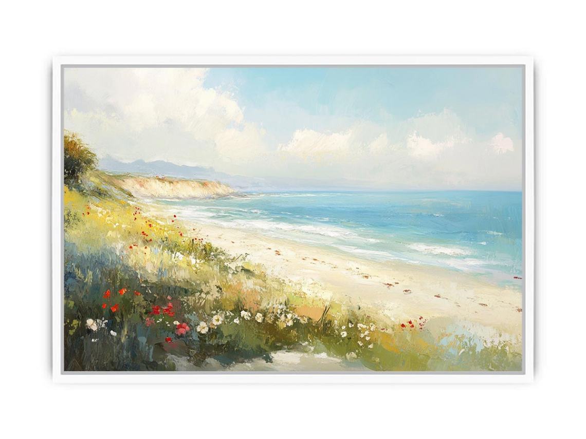 Coastal beach canvas art with ocean waves and wildflowers for airy living room decor.