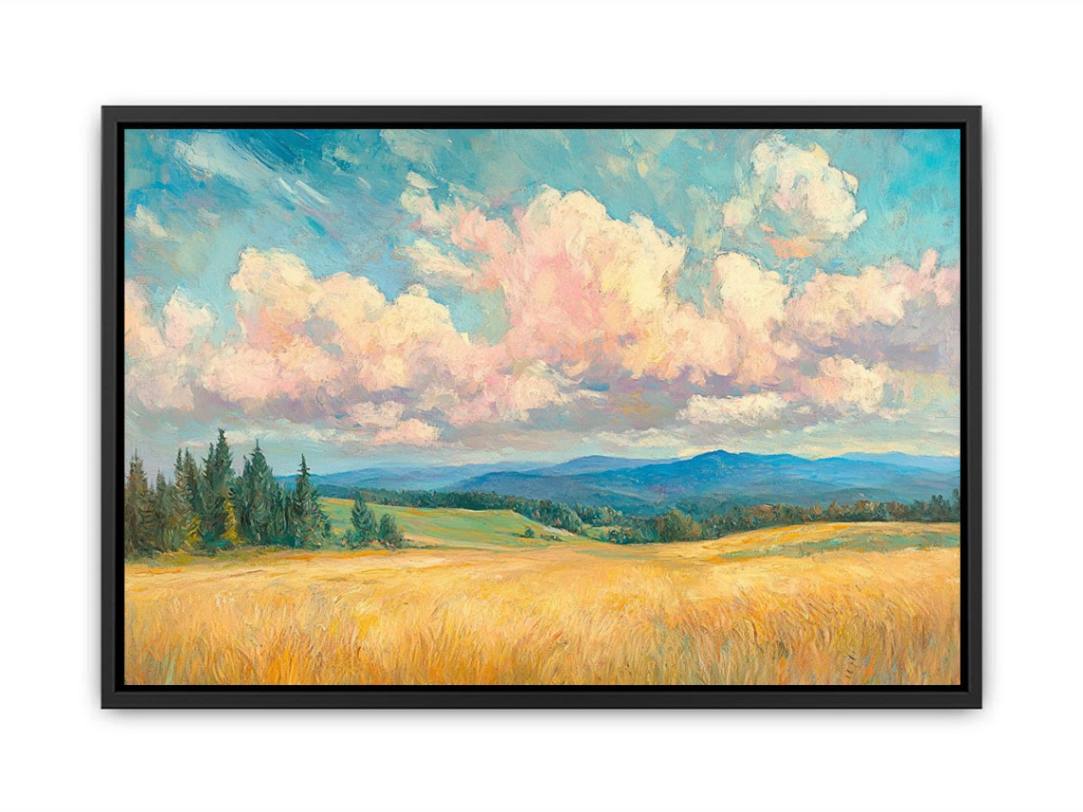 Golden meadow canvas art with pink clouds and blue hills for warm living room decor.