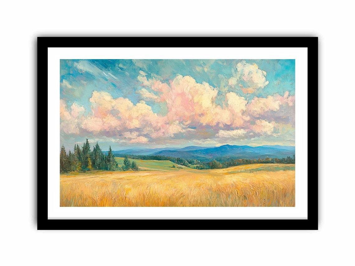Golden meadow canvas art with pink clouds and blue hills for warm living room decor.