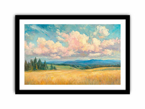 Golden meadow canvas art with pink clouds and blue hills for warm living room decor.