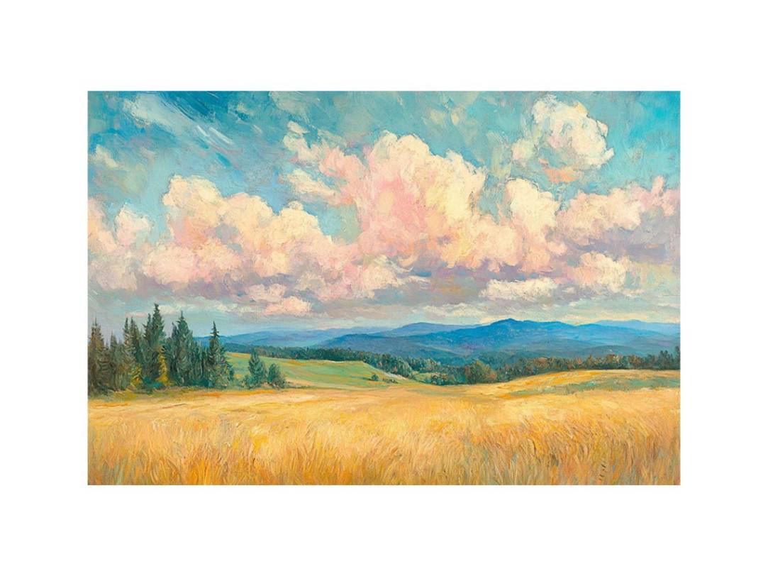Golden meadow canvas art with pink clouds and blue hills for warm living room decor.