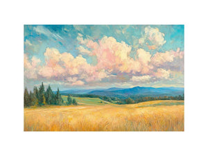 Golden meadow canvas art with pink clouds and blue hills for warm living room decor.