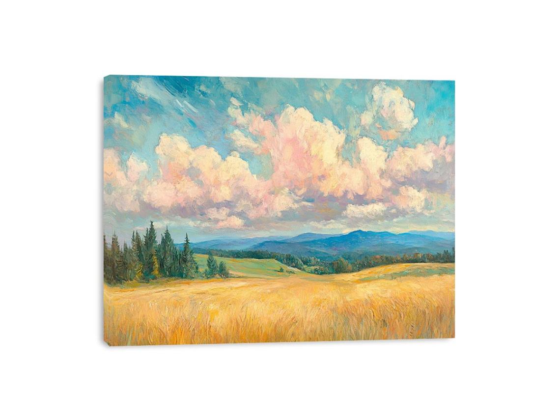 Golden meadow canvas art with pink clouds and blue hills for warm living room decor.