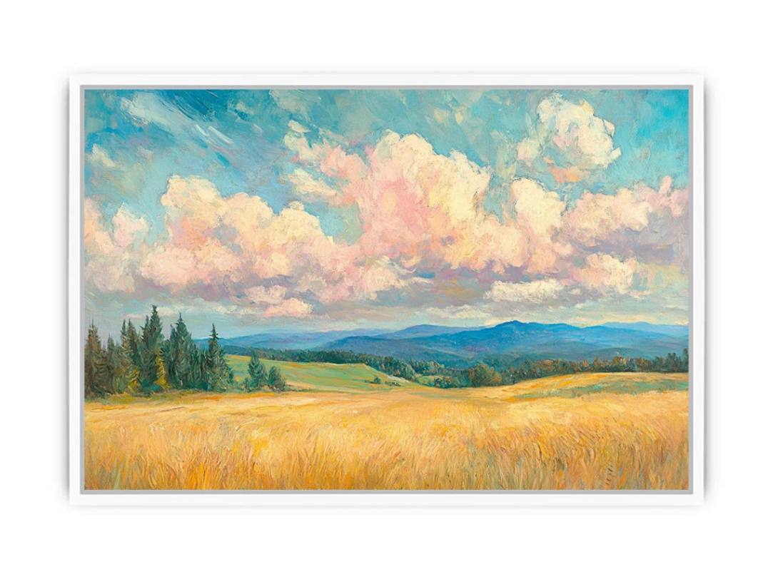 Golden meadow canvas art with pink clouds and blue hills for warm living room decor.
