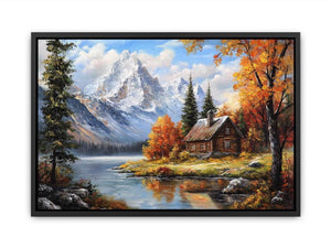 Rustic mountain cabin canvas art with lake and autumn trees for cozy living room decor.