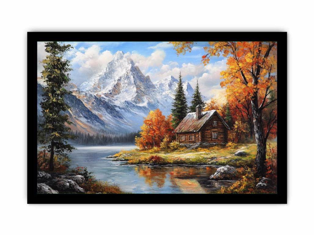 Rustic mountain cabin canvas art with lake and autumn trees for cozy living room decor.