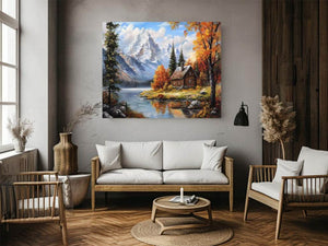 Rustic mountain cabin canvas art with lake and autumn trees for cozy living room decor.