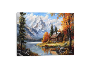 Rustic mountain cabin canvas art with lake and autumn trees for cozy living room decor.