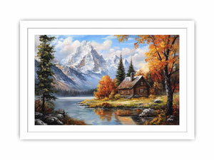 Rustic mountain cabin canvas art with lake and autumn trees for cozy living room decor.