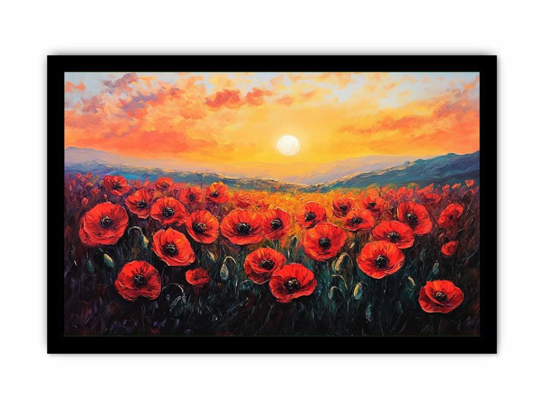 Red poppy sunset canvas art with mountains for bold living room wall decor.