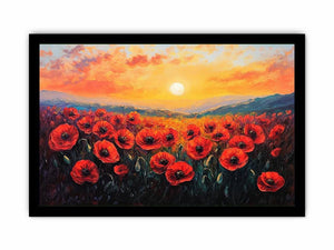 Red poppy sunset canvas art with mountains for bold living room wall decor.