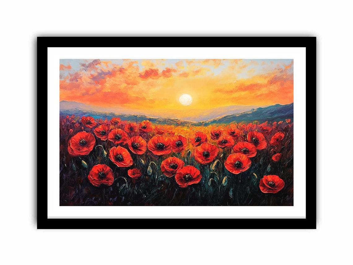 Red poppy sunset canvas art with mountains for bold living room wall decor.