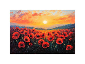 Red poppy sunset canvas art with mountains for bold living room wall decor.
