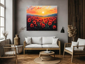 Red poppy sunset canvas art with mountains for bold living room wall decor.
