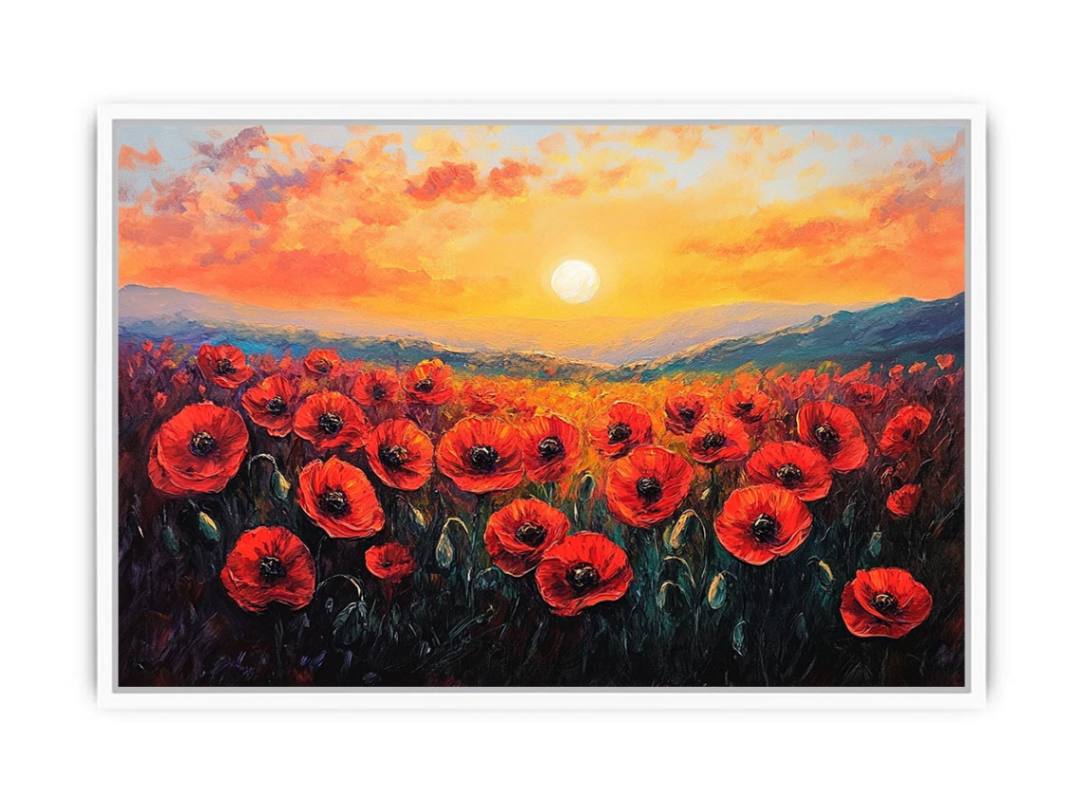 Red poppy sunset canvas art with mountains for bold living room wall decor.