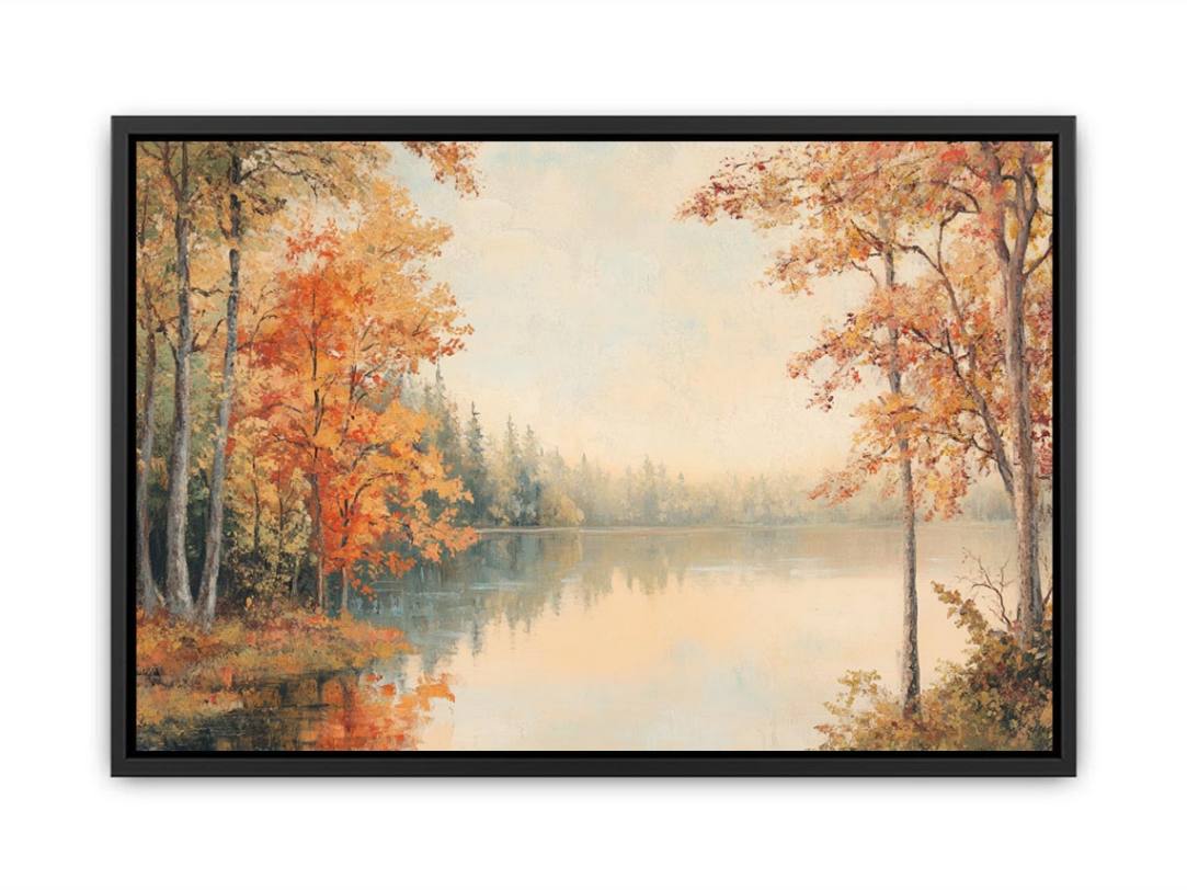 Autumn lake canvas art with golden trees and soft reflections for peaceful bedroom decor.