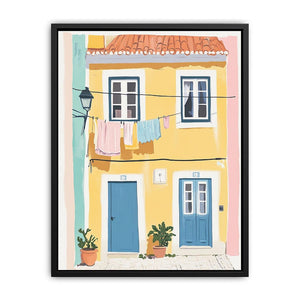 Colourful Mediterranean building illustration with blue doors for cheerful hallway decor.