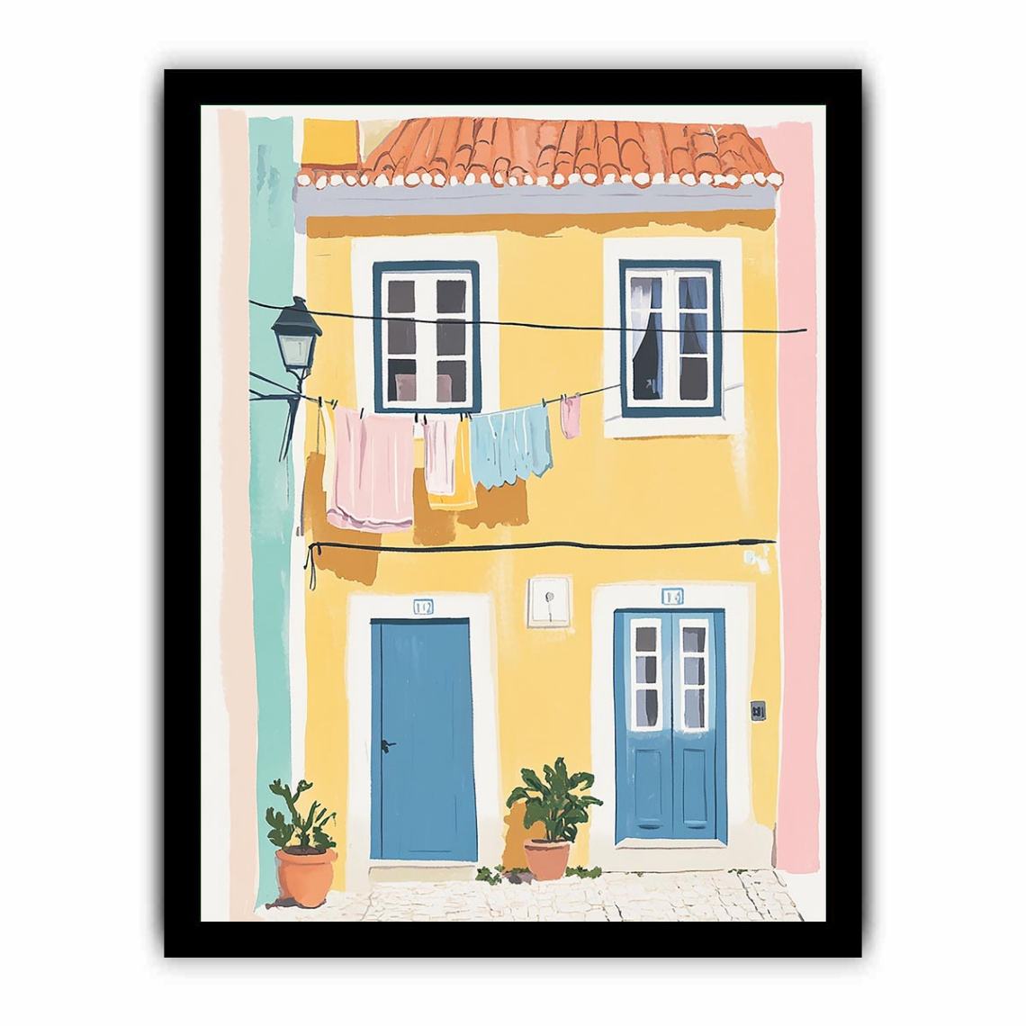 Colourful Mediterranean building illustration with blue doors for cheerful hallway decor.