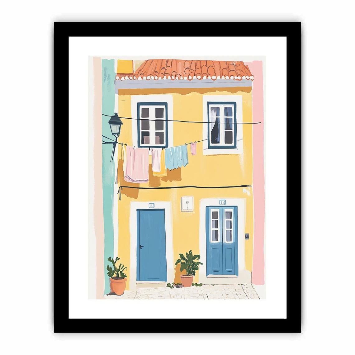 Colourful Mediterranean building illustration with blue doors for cheerful hallway decor.