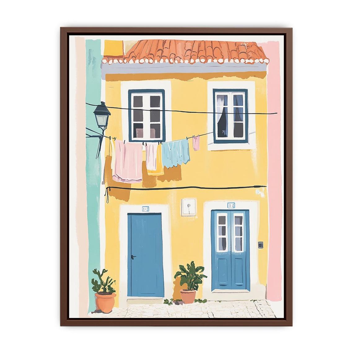Colourful Mediterranean building illustration with blue doors for cheerful hallway decor.