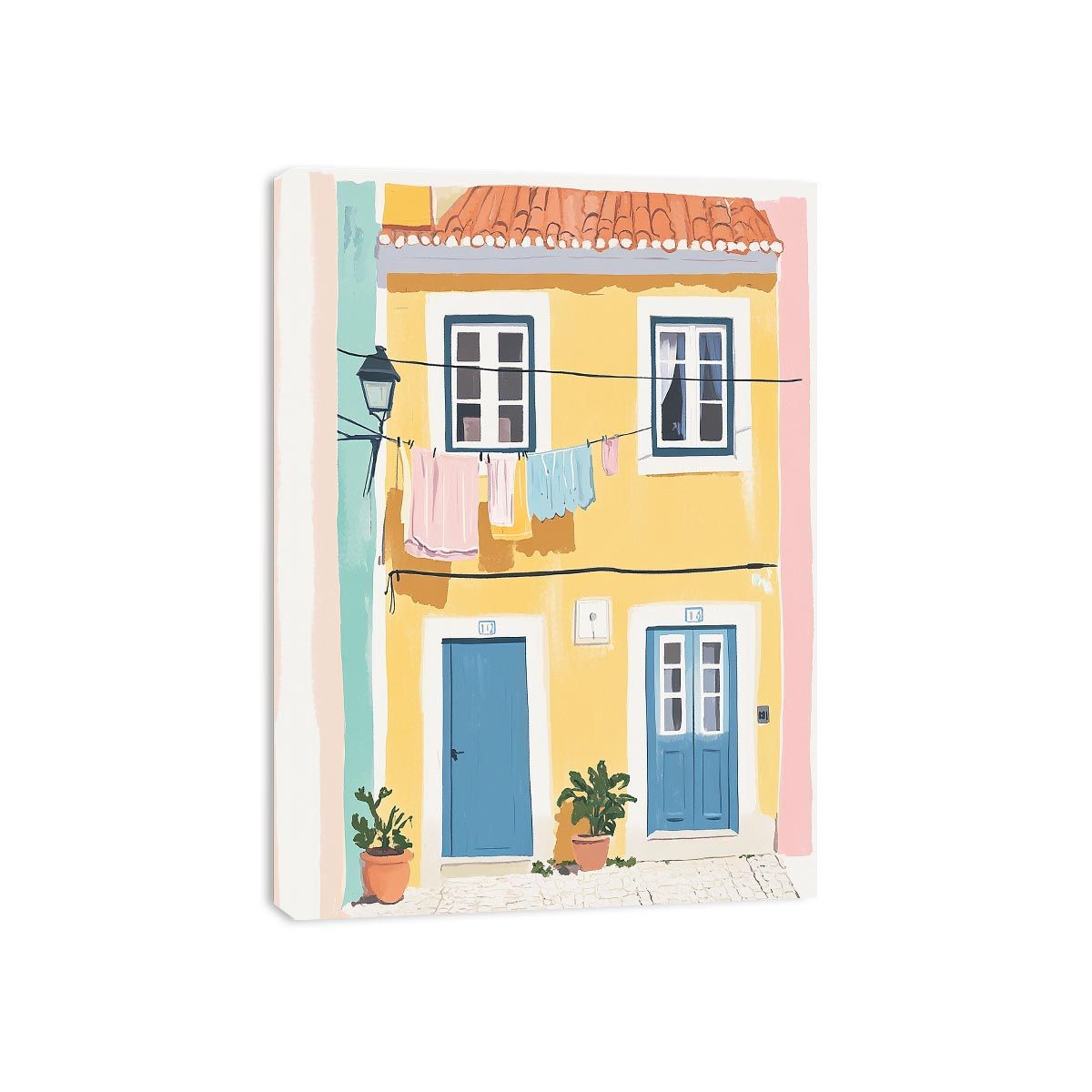 Colourful Mediterranean building illustration with blue doors for cheerful hallway decor.