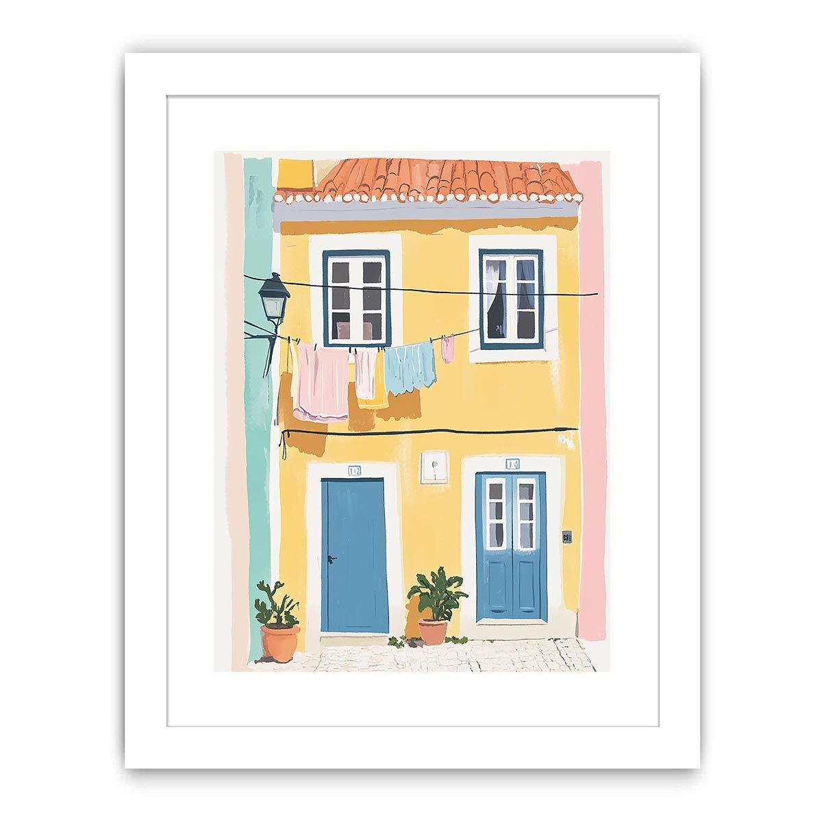Colourful Mediterranean building illustration with blue doors for cheerful hallway decor.