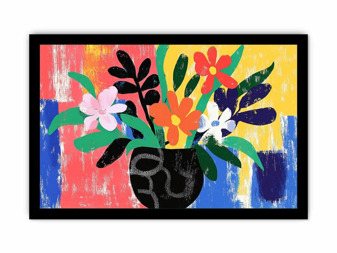 Bold colourful floral vase illustration for eclectic living room wall decor.