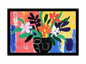 Bold colourful floral vase illustration for eclectic living room wall decor.