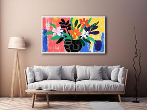 Bold colourful floral vase illustration for eclectic living room wall decor.