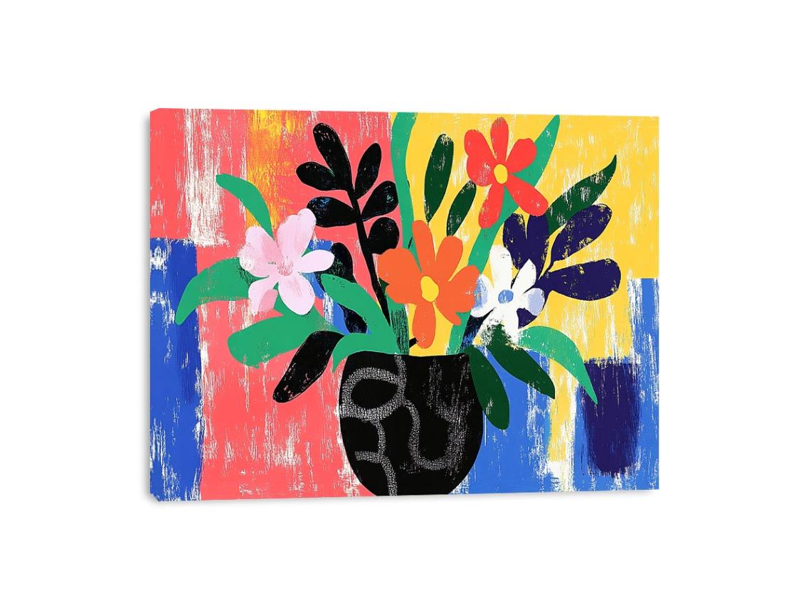 Bold colourful floral vase illustration for eclectic living room wall decor.