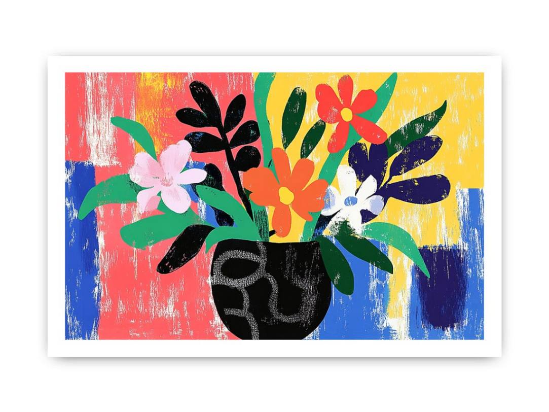 Bold colourful floral vase illustration for eclectic living room wall decor.