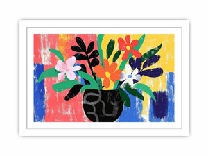 Bold colourful floral vase illustration for eclectic living room wall decor.