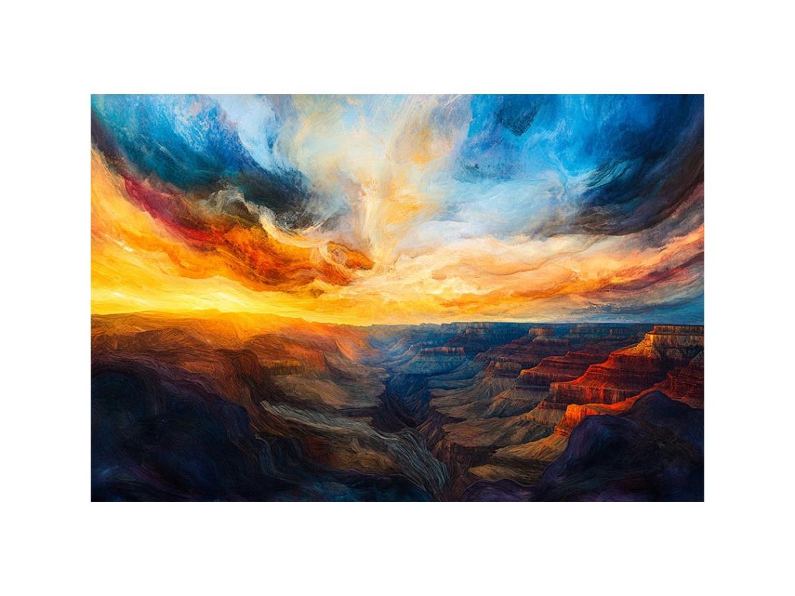 Expressive canyon sunset painting with dramatic clouds for luxury living room decor.