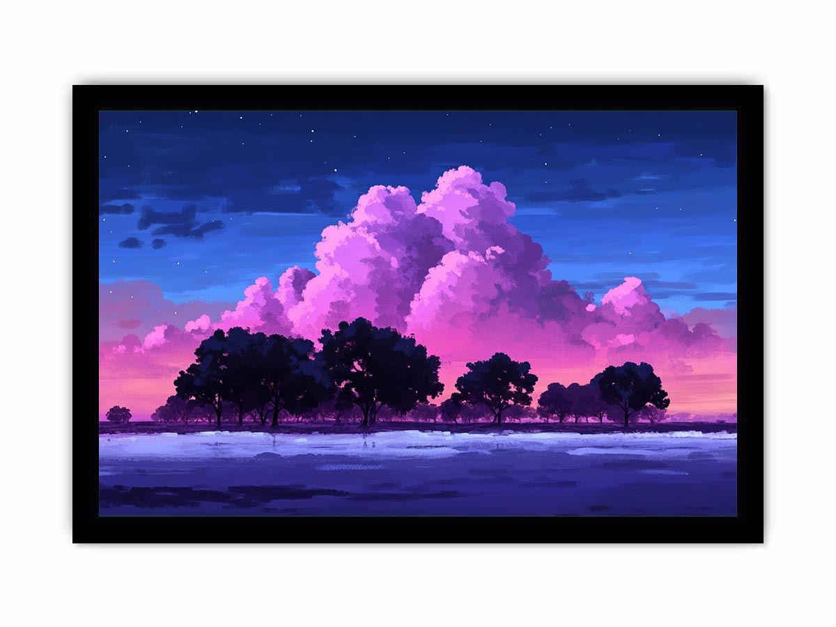 Dreamy pink cloud landscape canvas with trees for peaceful bedroom wall decor.